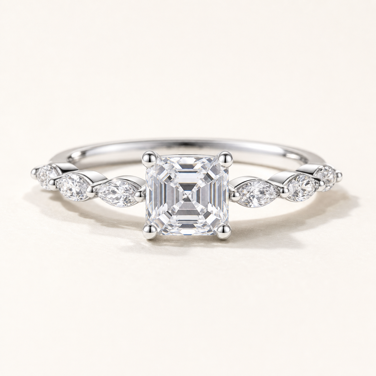 Vowmira Symphony Asscher and six-marquise men's accent ring, low front view