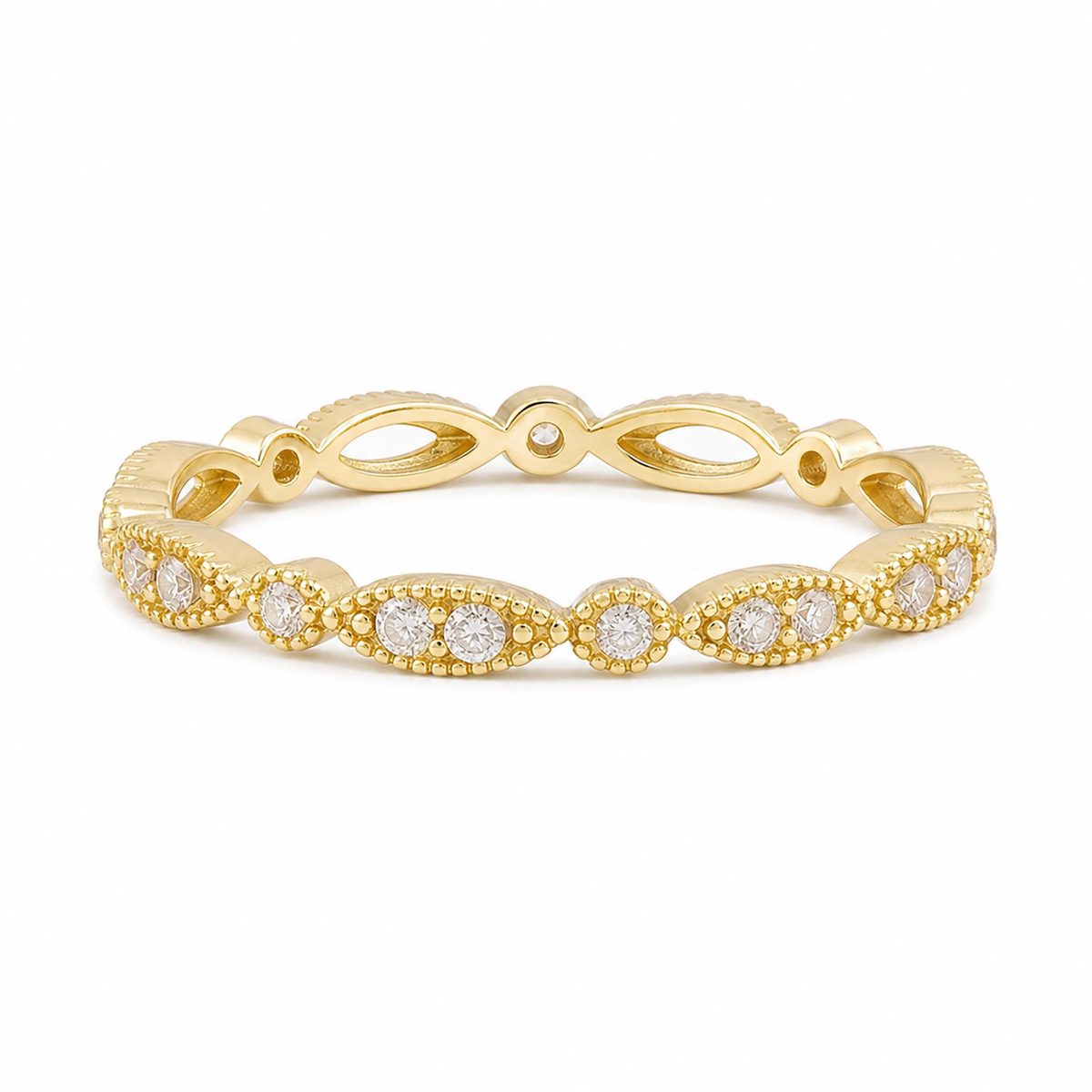 Vowmira Taylor alternating two-stone leaf and round-link band, low side view